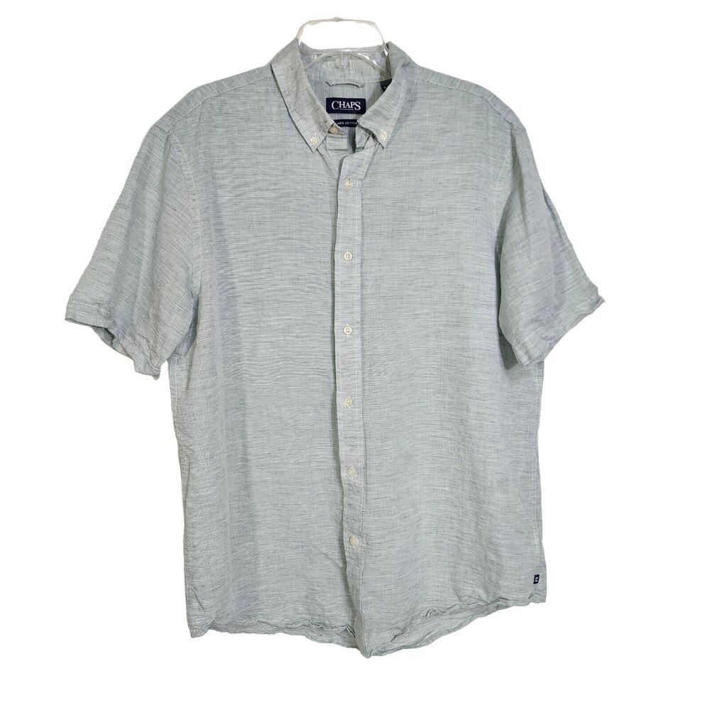 Chaps Mens Shirt Size XL Linen Cotton Green Button Up Short Sleeve Casual Beach